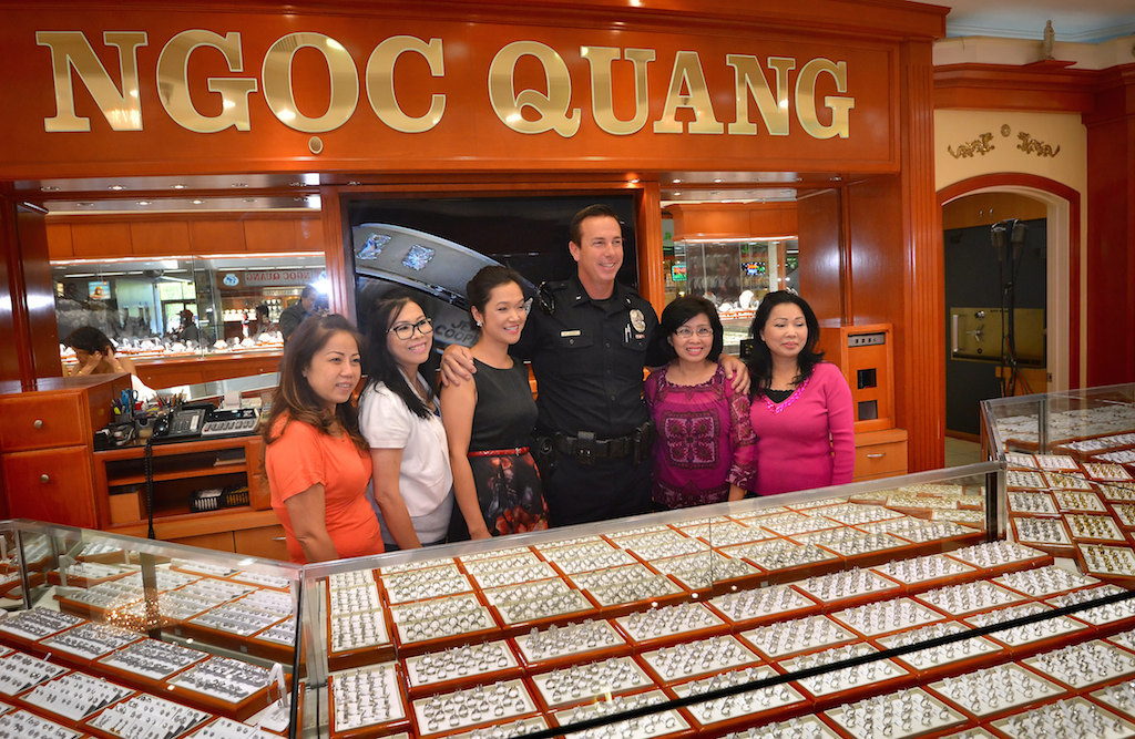 Commander Bill Collins of the Westminster Police Department walks through Phước Lộc Thọ (Phuc Loc Tho) known in English as Asian Garden Mall, the first Vietnamese-American business center in Little Saigon, as he connects with the people who work and visit the community.