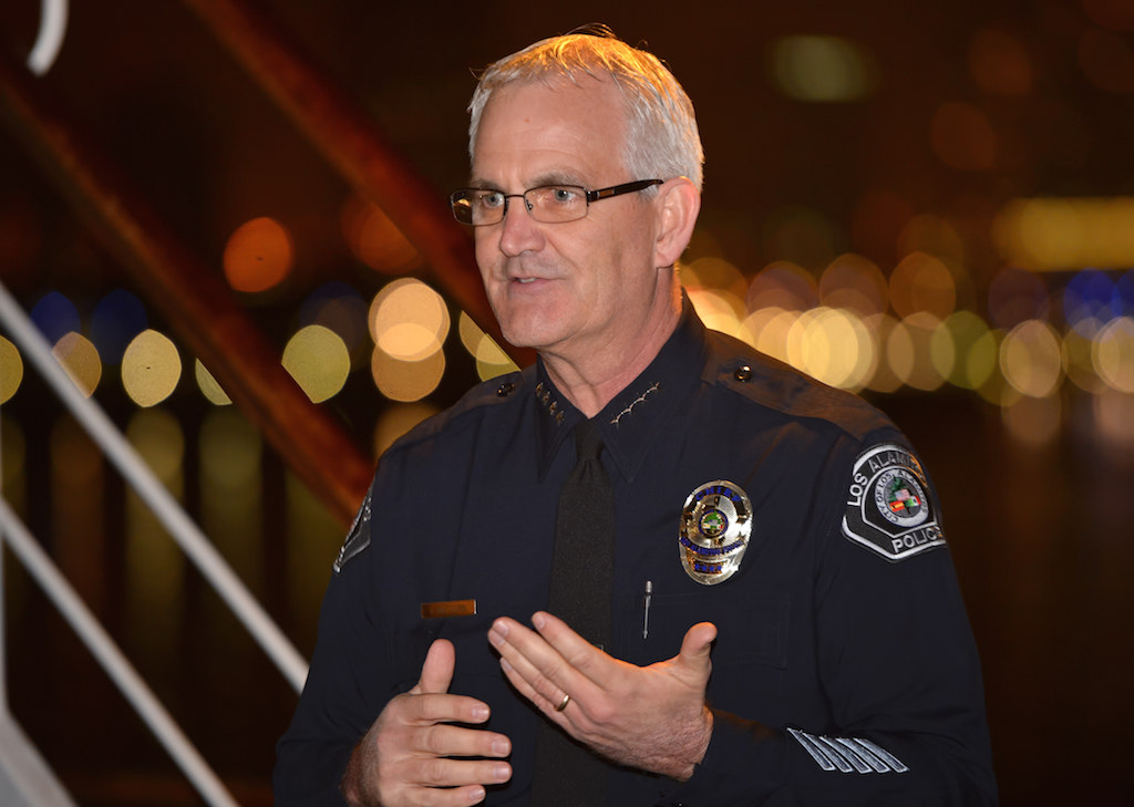 Chief Todd Mattern of the Los Alamitos PD talks about three officers who received degrees from Columbia College during a small ceremony on the Queen Mary recognizing their accomplishments. Photo by Steven Georges/Behind the Badge OC