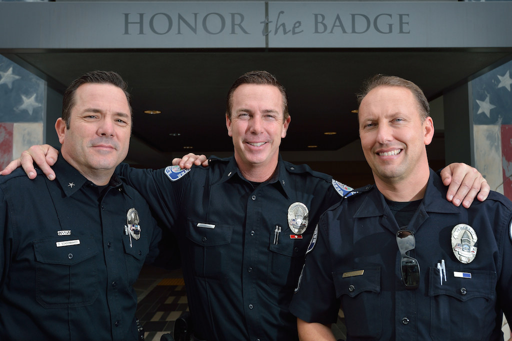 Commander Bill Collins of the Westminster Police, center, with Commander Dan Schoonmaker, left, and Sergeant Cameron Knauerhaze at the Westminster PD headquarters. Photo by Steven Georges/Behind the Badge OC