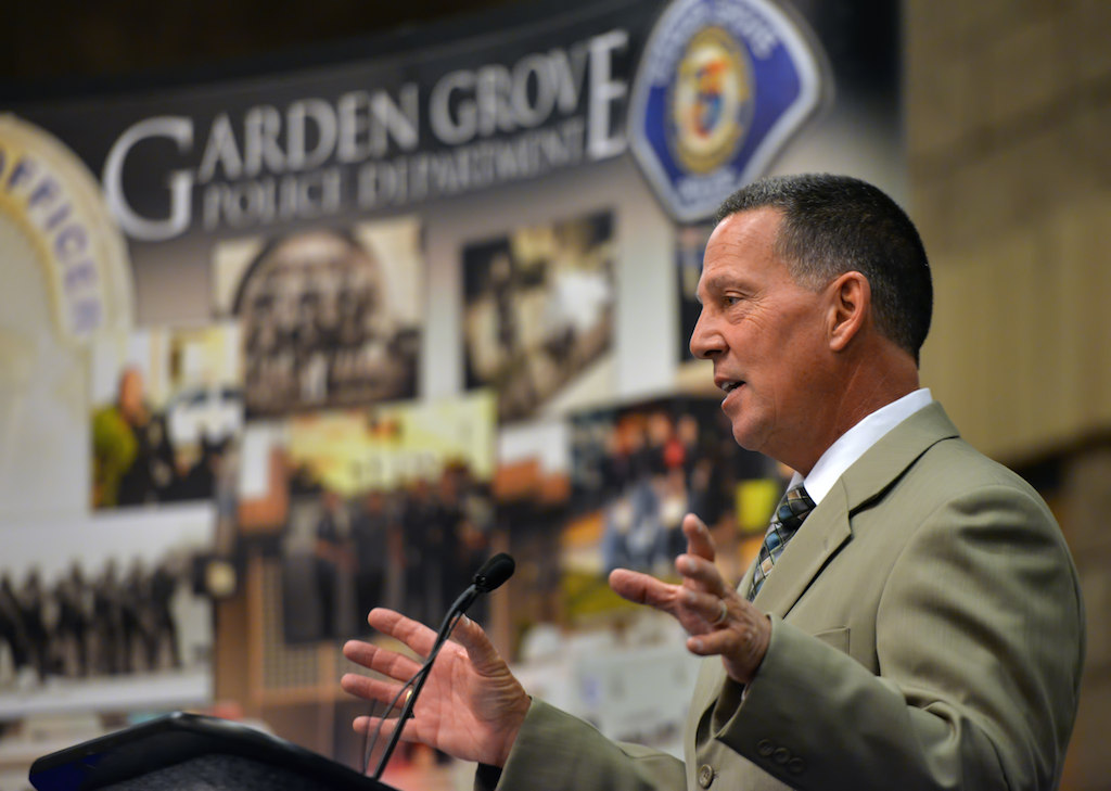 Former Garden Grove Police Chief Kevin Raney addresses the crowd. Photo by Steven Georges/Behind the Badge OC