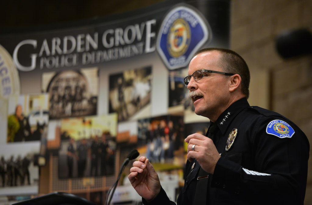 Garden Grove Police Chief Todd Elgin talks to Chief’s Coin for Merit recipients at a recognition dinner at the  Garden Grove Community Meeting Center on Feb. 4. Photo by Steven Georges/Behind the Badge OC