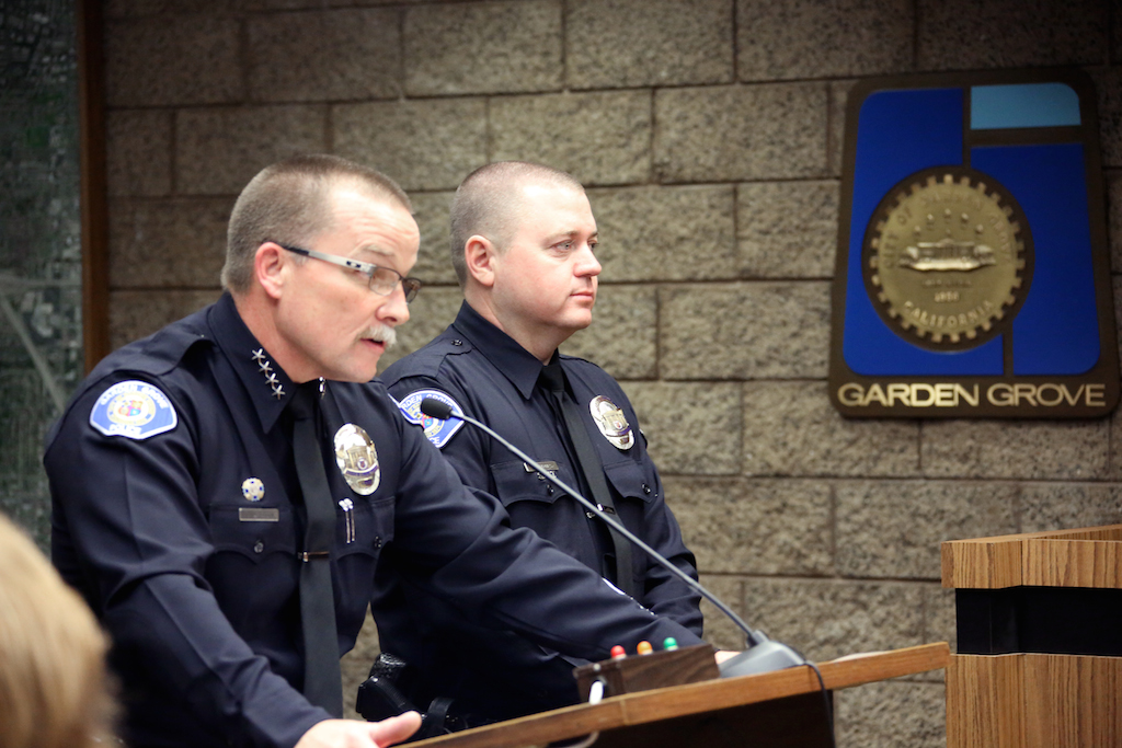 Garden Grove Police Chief Todd Elgin and Master Officer Charles Starnes at the Garden Grove City Council meeting on Tuesday, Feb. 10. Photo courtesy of City of Garden Grove.