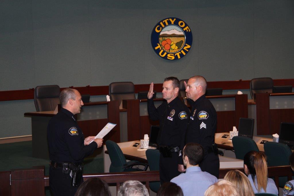 Chief Charles Celano swears in Matt Nunley and Brian Greene. Photo by Police Services Officer Joseph Chiavatti