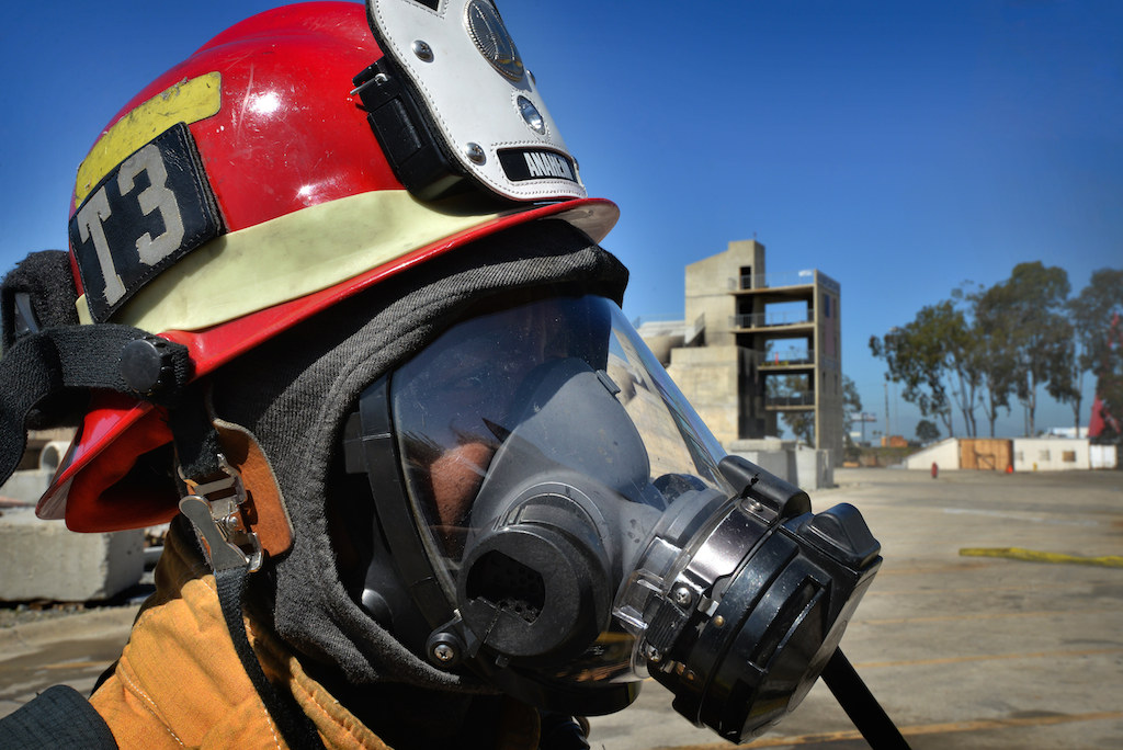 *** If you can, please double check that I got his first name right *** Captain Tariq Ahmad of Anaheim Fire & Rescue, during fire training at the the North Net Fire Training center in Anaheim. Photo by Steven Georges/Behind the Badge OC