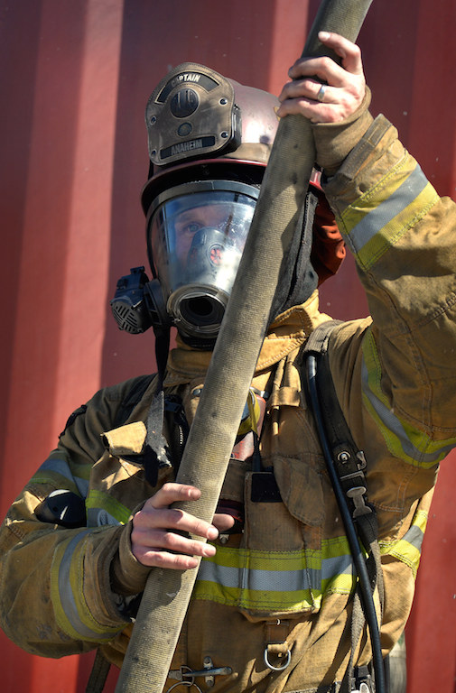 Captain Tim Sandifer of Anaheim Fire & Rescue during a training exercise at the North Net Fire Training center in Anaheim. Photo by Steven Georges/Behind the Badge OC