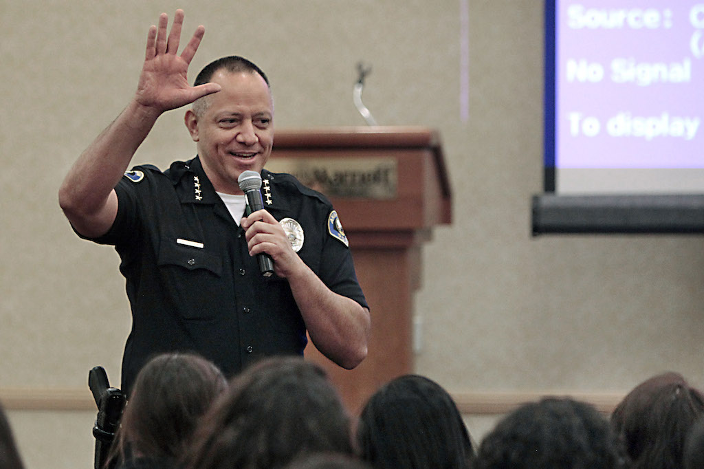 Anaheim Chief of Police Raul Quezada speaks to a group of students at the Youth Leadership Academy which is run by California Police Activities League. Photo by Christine Cotter/Behind the Badge OC