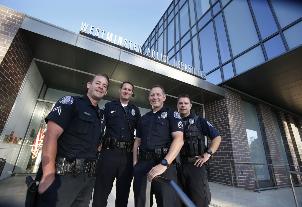 Westminster Police Cpl., Ron Weber, Officer Jim Delk, Sgt. Mark Lauderback, and Officer Steve Eifert, from left, were able to successfully talk down a suicidal man without the use of force. Photo by Christine Cotter/Behind the Badge OC