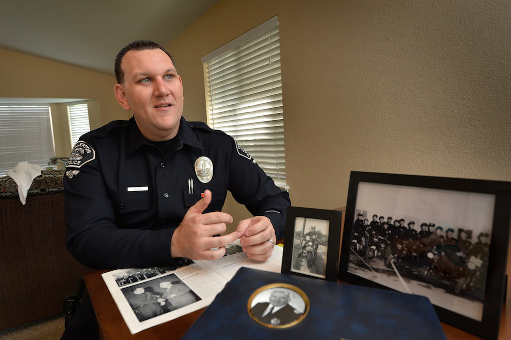 Fullerton PD Motor Officer Kyle Baas talks about his grandfather John McAllister, former Los Angeles PD Deputy Chief. Photo by Steven Georges/Behind the Badge OC
