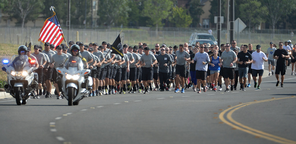 Members of the police academy during a 3-mile run at the Orange County Sheriff's Regional Training Academy in Tustin on the last day of training before graduation. Photo by Steven Georges/Behind the Badge OC