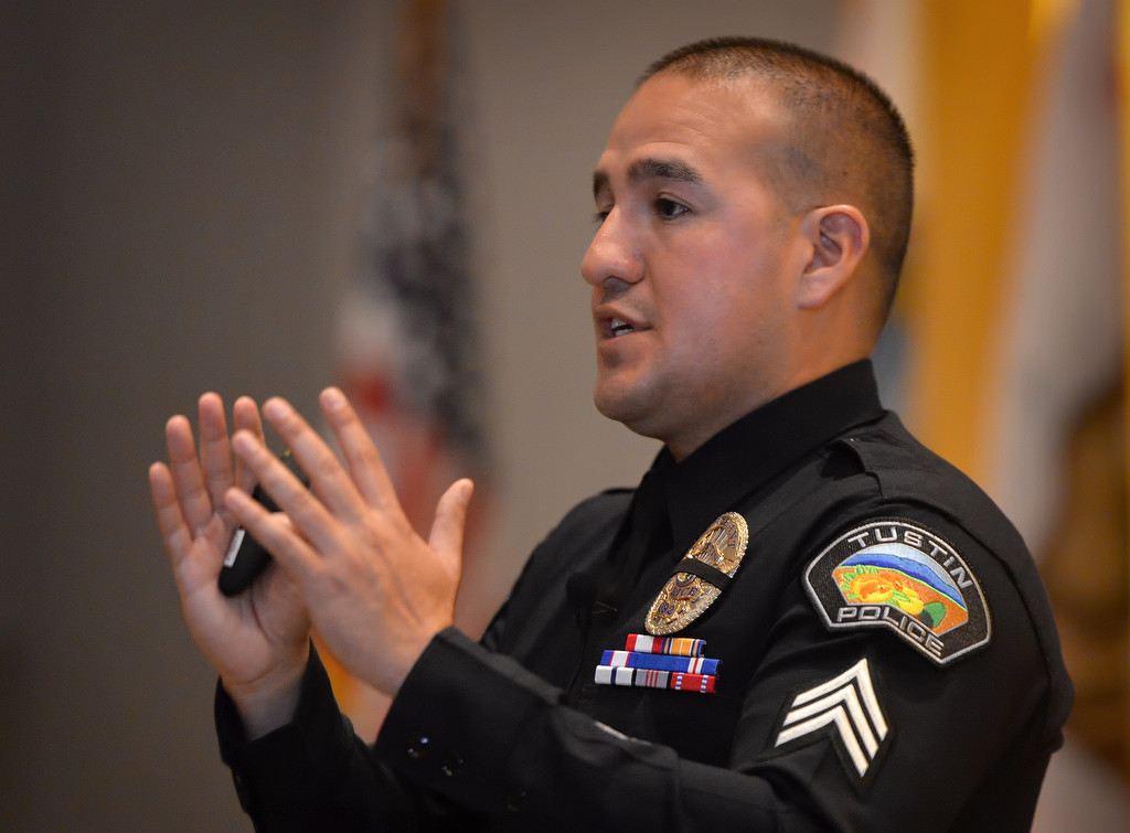 Sgt. Manny Arzate talks about Use of Force during a Tustin PD Town Hall Meeting at the new Tustin Community Center. Photo by Steven Georges/Behind the Badge OC