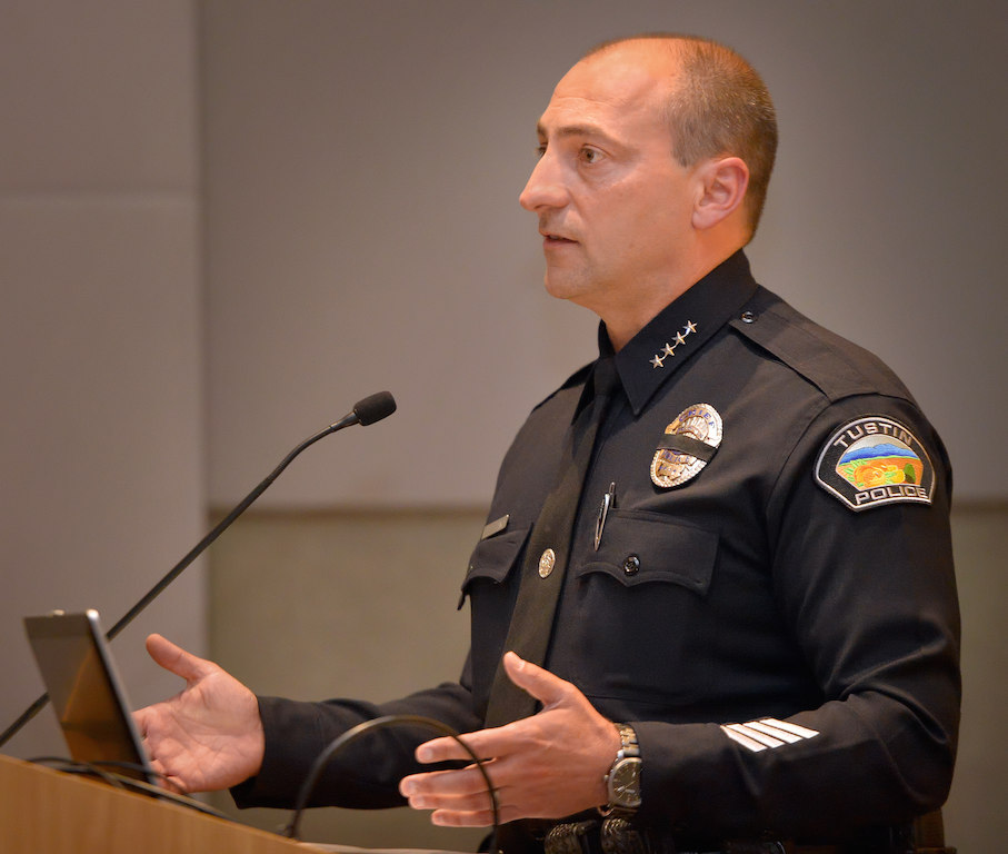 Tustin Police Chief Charles Celano talks to the public during a Use of Force Town Hall Meeting at the new Tustin Community Center. Photo by Steven Georges/Behind the Badge OC