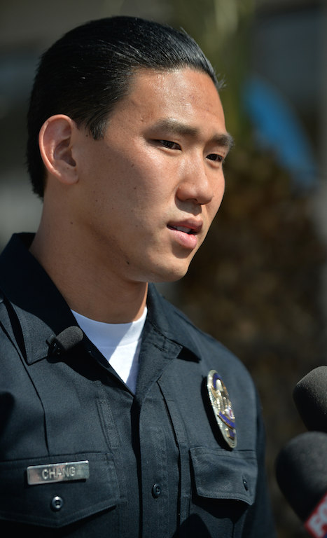 Officer David Chang of the Garden Grove PD talks to the media the day after finding a missing autistic teen. Photo by Steven Georges/Behind the Badge OC