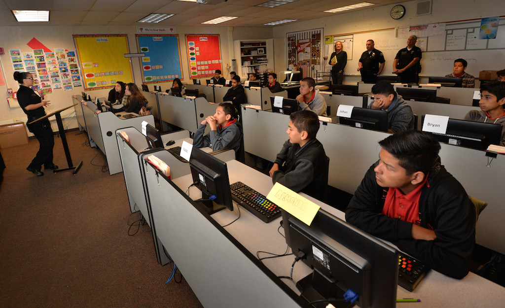 Forensic Specialist Jeannette Torres of Anaheim PD talks to kids at Sycamore Junior High about a career in forensics. Photo by Steven Georges/Behind the Badge OC