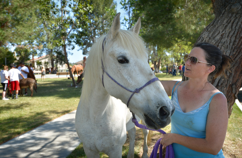 Margaret Worsley stays with her 14-year-old horse Pearl at a local park after a number of horses were evacuated from the stables at Coyote Hills Ranch as a fire broke out in the area. Photo by Steven Georges/Behind the Badge OC