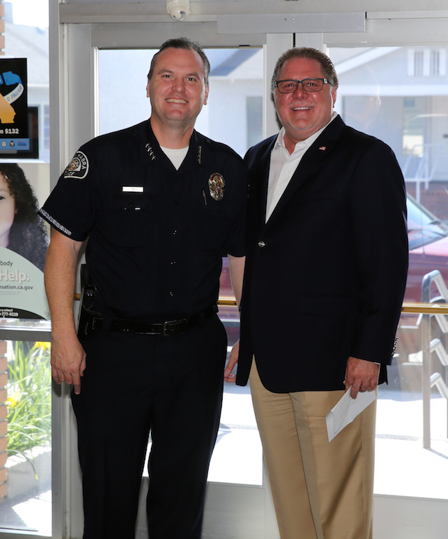 La Habra Police Chief Jerry Price with retired La Habra Sgt. Vernon Mangels. Mangels started a college scholarship program in partnership with La Habra police. Photo courtesy Vernon Mangels. 