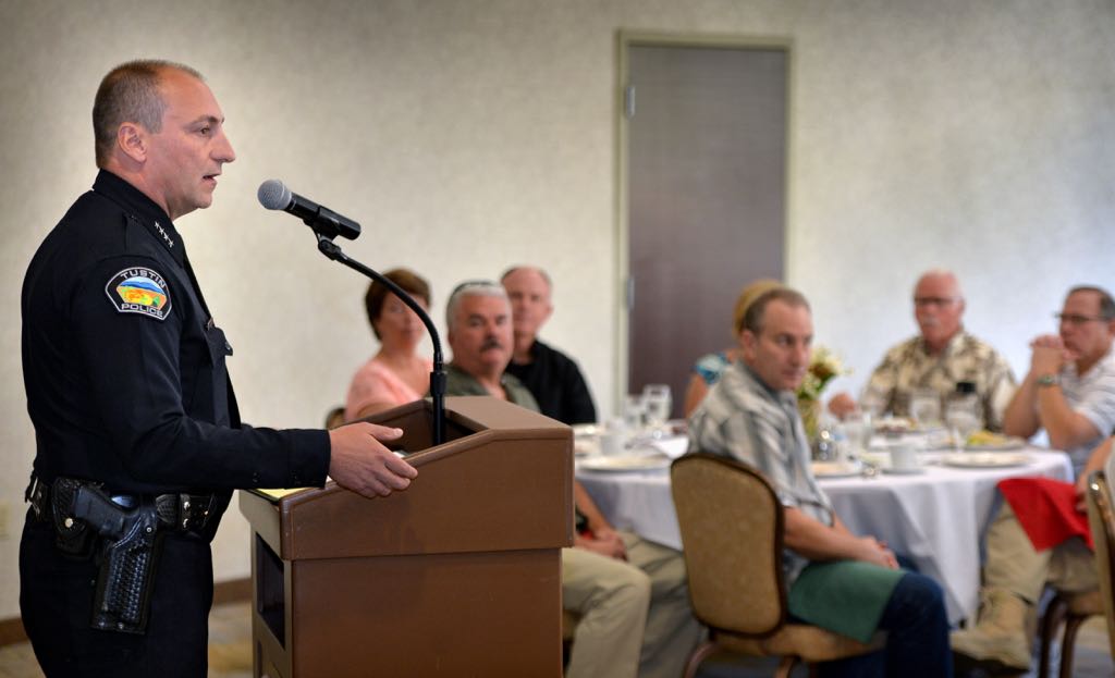 Tustin Police Chief Charles Celano talks about the contributions former officers have made during the department’s retiree luncheon at the Tustin Ranch Golf Club. Photo by Steven Georges/Behind the Badge OC