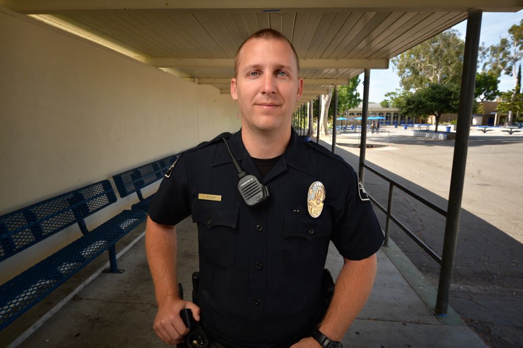 La Habra PD Officer Justin Bender at La Habra High School where he once attended as a student. Photo by Steven Georges/Behind the Badge OC