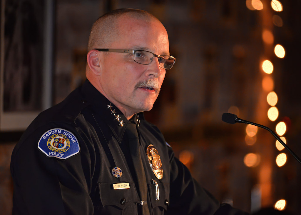 Garden Grove Police Chief Todd Elgin talks to explorers about honesty and integrity during the keynote speech for the Police Explorer Post 1020 Awards Banquet. Photo by Steven Georges/Behind the Badge OC