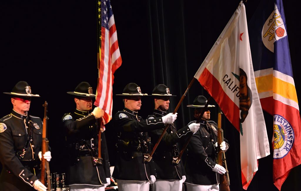 The Westminster PD Honor Guard presents colors at the start of the 2014 Westminster PD Awards Ceremony. Photo by Steven Georges/Behind the Badge OC