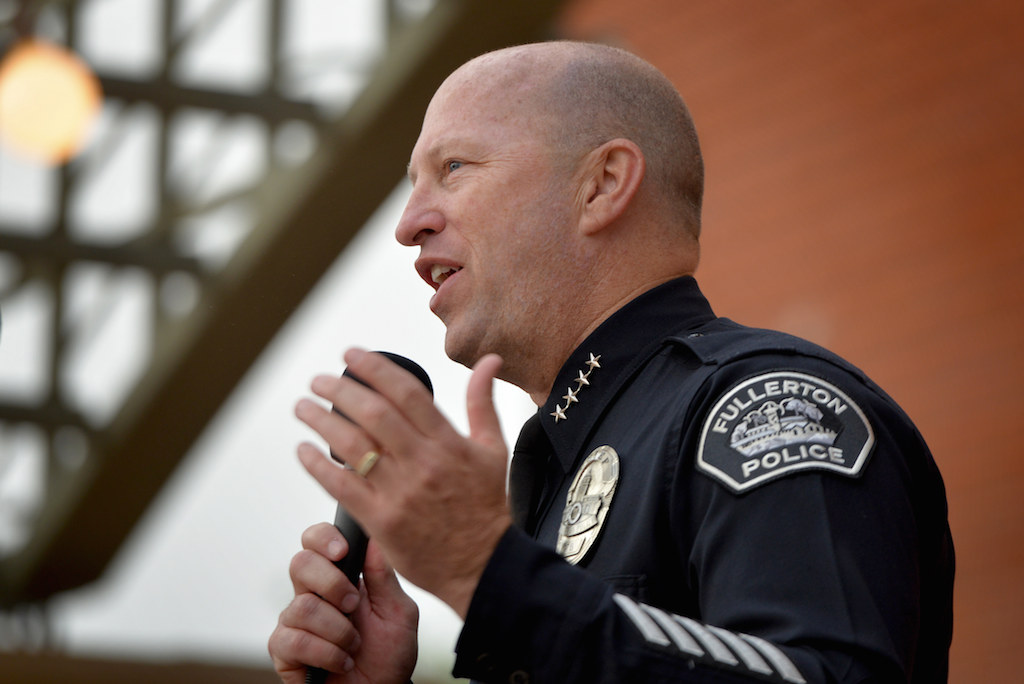 Fullerton Police Chief Dan Hughes welcomes the volunteers during the opening rally of the second annual Love Fullerton community improvement projects. Photo by Steven Georges/Behind the Badge OC