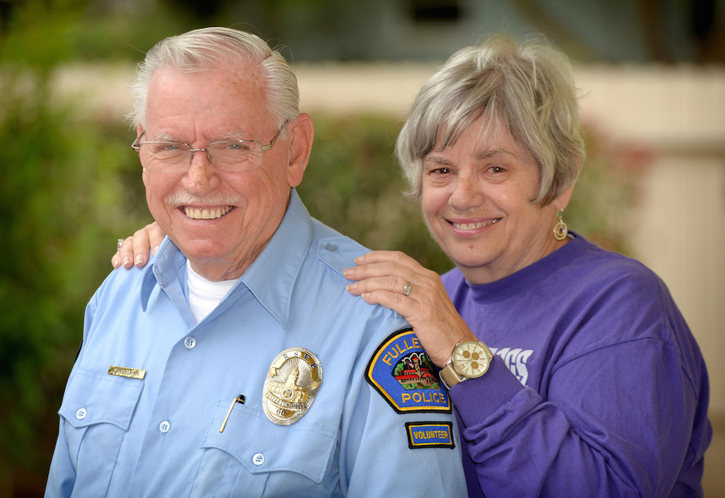 Fullerton Police RSVP Volunteer John Kunselman with his wife of 54 years Rita Kunselman. John has logged in more that 4,000 hours with the Fullerton PD over the past seven years. Photo by Steven Georges/Behind the Badge OC