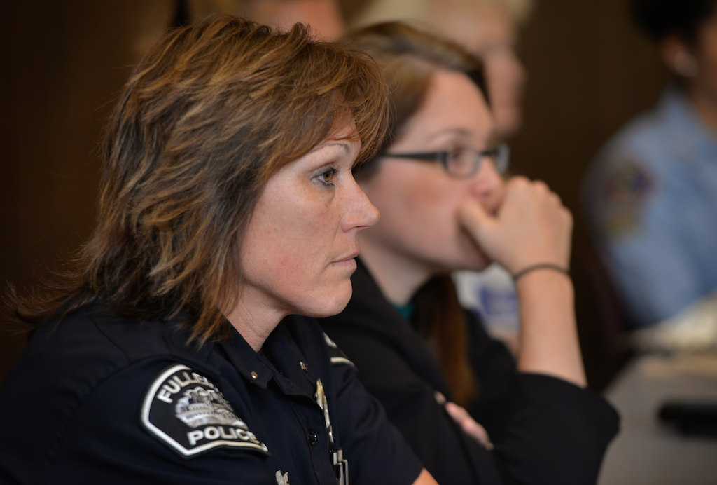 Lt. Rhonda Cleggett of the Fullerton PD, left, attends a Women Leaders In Law Enforcement panel discussion at the Fullerton Police Department. Photo by Steven Georges/Behind the Badge OC