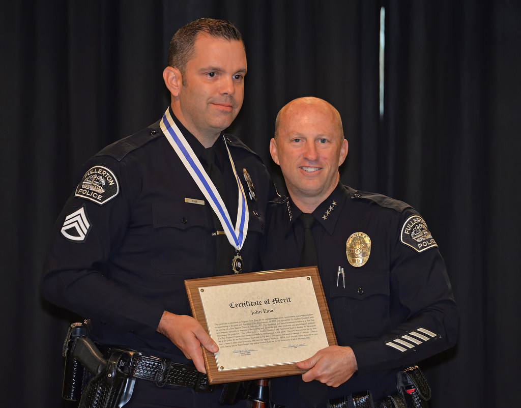 John Ema receives the Fullerton PD’s Medal of Merit during Fullerton PD’s Promotions and Awards Ceremony. Photo by Steven Georges/Behind the Badge OC