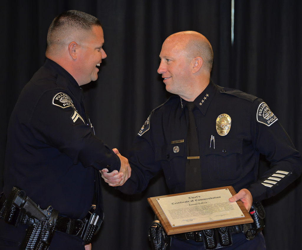 Jim Talbot receives the Chief’s Certificate of Commendation during Fullerton PD’s Promotions and Awards Ceremony. Photo by Steven Georges/Behind the Badge OC