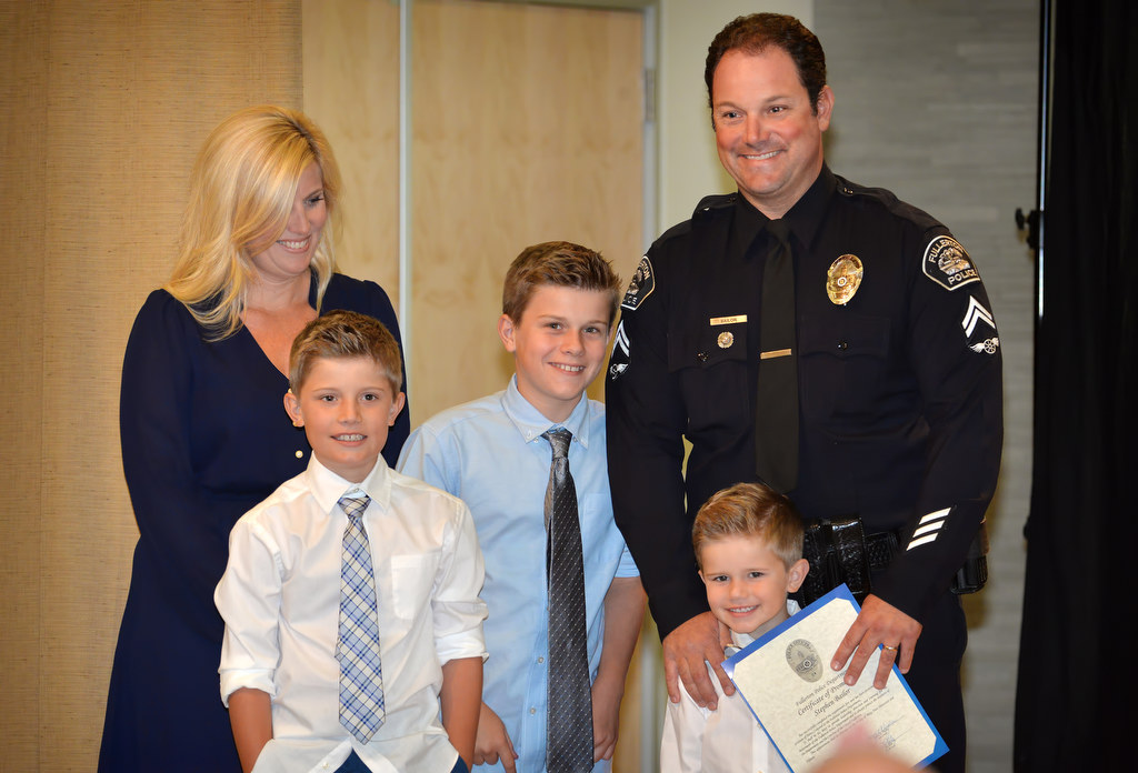 Stephen Bailor stands with his wife Summer and kids Cade, Cole, & Reed after receiving his new Corporal badge during Fullerton PD’s Promotions and Awards Ceremony. Photo by Steven Georges/Behind the Badge OC