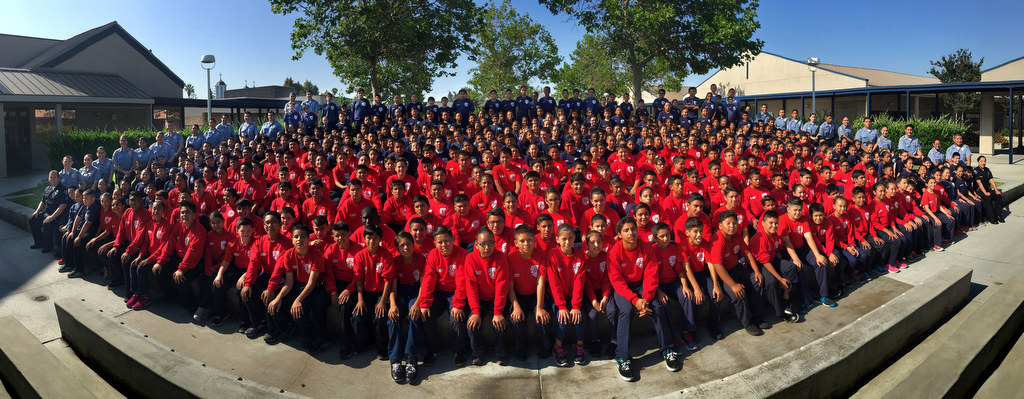The 2015 Anaheim PD Cops 4 Kids Jr. Cadet Academy at Betsy Ross Elementary. Red shirts are the advance class and light blue shirts are Explorers. Photo by Steven Georges/Behind the Badge OC
