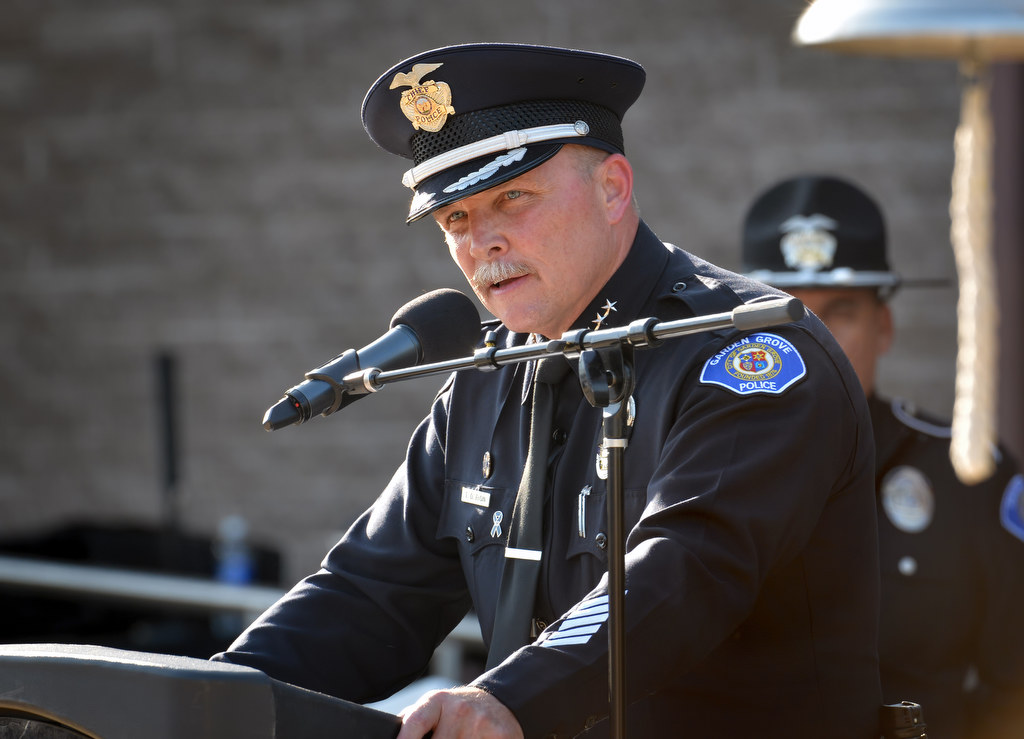 Chief Todd Elgin gives the closing remarks for Garden Grove PDÕs 28th Annual ÒCall to DutyÓ Memorial Service at the police station. Photo by Steven Georges/Behind the Badge OC