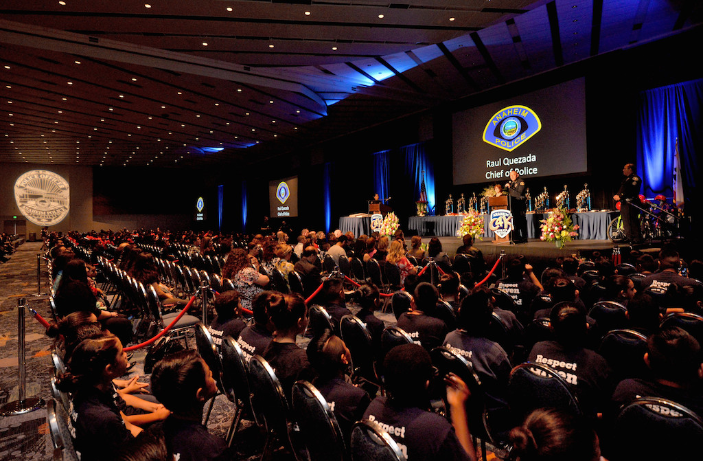 Anaheim Police Chief Raul Quezada addresses the junior cadets and their families during Anaheim PD’s largest graduating junior cadet class in 10 years at the Anaheim Convention Center. Photo by Steven Georges/Behind the Badge OC