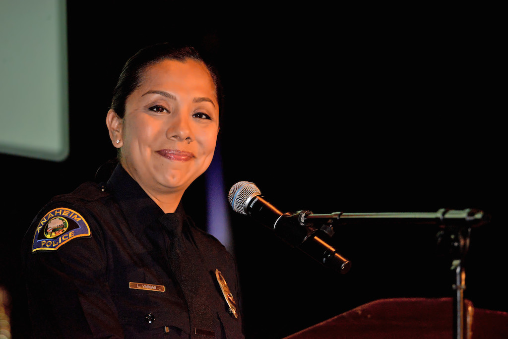 Anaheim Police Officer Leslie Vargas addresses cadets and family during Anaheim PD’s Jr. Cadet Graduation Ceremony at the Anaheim Convention Center. Photo by Steven Georges/Behind the Badge OC