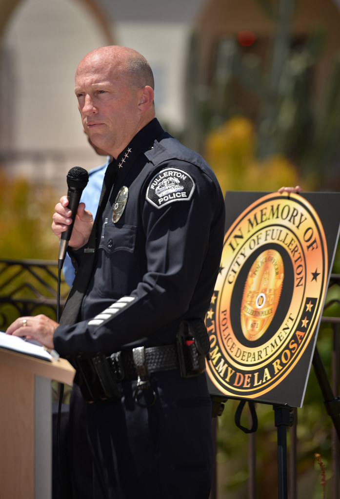 The Fullerton Police Department holds a memorial in front of police headquarters honoring Fullerton Police Officer Tommy De La Rosa, 25 years after he was killed in the line of duty on June 21, 1990.