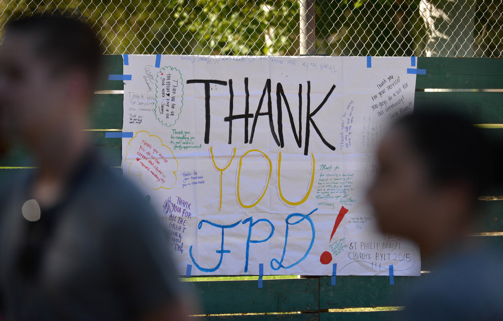 A “Thank You FPD” from Fullerton’s St. Philip Benizi Catholic Church’s Benizi Youth Leadership Team (BYLT) greeted members of the Fullerton PD when they arrived on the field for a kickball game at Ted Craig Regional Park in Fullerton. Photo by Steven Georges/Behind the Badge OC