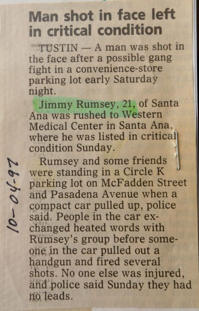 A newspaper clipping from the day Jimmy Rumsey, a former Deuce Trey Crip, was shot in Tustin. Photo by Steven Georges/Behind the Badge OC 