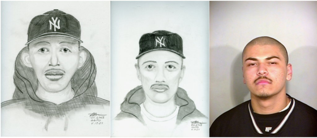 Two witnesses to a shooting in 2007 got only brief glimpses of the suspect. DesBiens drew these two composites based on their descriptions. The suspect, Freddy Rodriguiez, was arrested and convicted of the murder. Sketches and photo courtesy of the Garden Grove PD.
