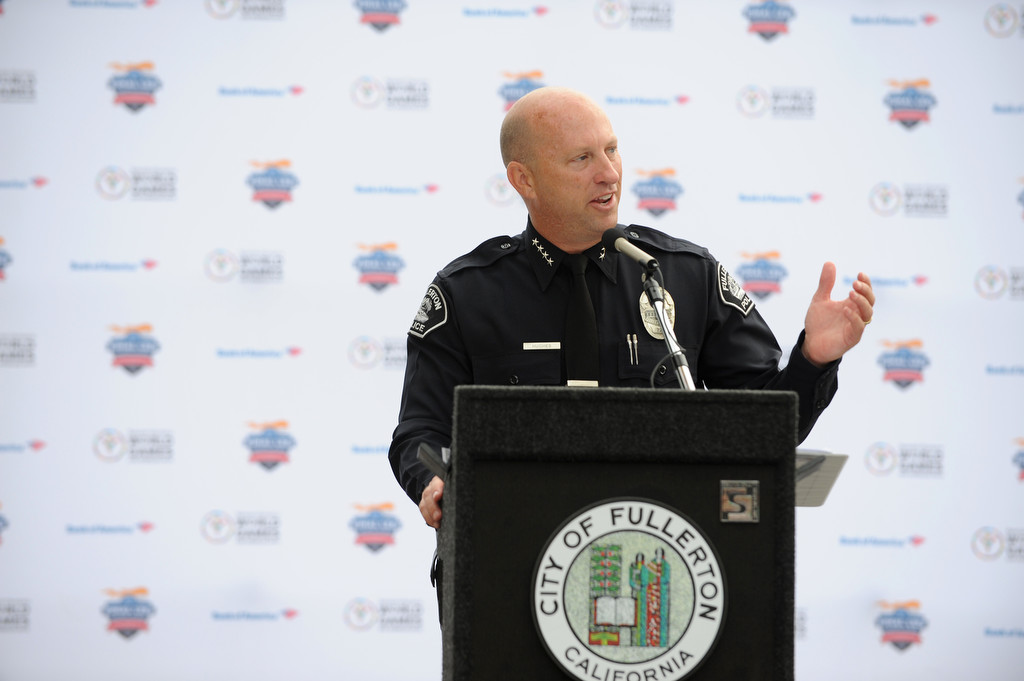Fullerton Police Chief Dan Hughes speaks during the final leg of the Special Olympics torch run in front of Fullerton Police Department headquarters in Fullerton, Calif., on Monday, July 20, 2015. Photo by Carlos Delgado / Behind the Badge OC