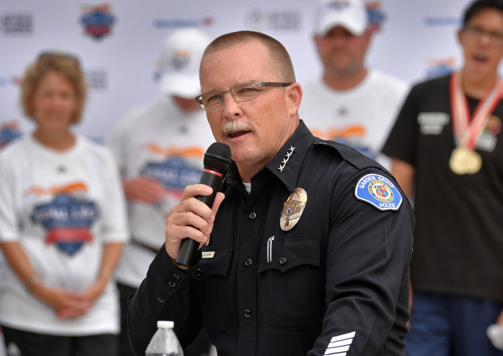 Garden Grove Police Chief Todd Elgin welcomes the Special Olympics crew during a ceremony at the Garden Grove PD during the Special Olympics Law Enforcement Torch Run Final Leg. Photo by Steven Georges/Behind the Badge OC