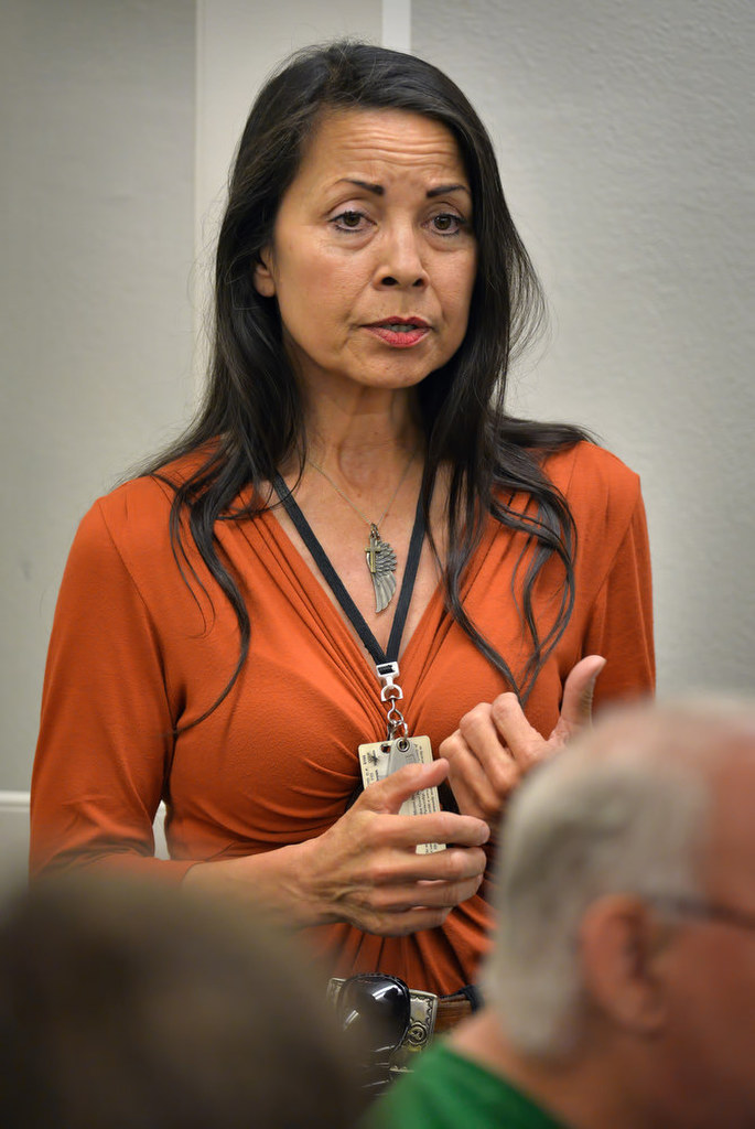 Cindy Nagamatsu, Community Liaison Manager for Garden Grove PD, addresses a West Garden Grove Neighborhood Watch meeting. Photo by Steven Georges/Behind the Badge OC