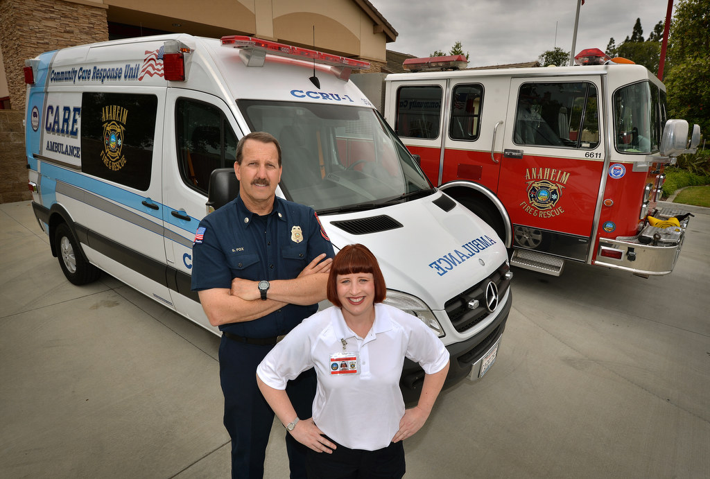 Capt. Scott Fox, a firefighter/paramedic with Anaheim Fire & Rescue, with his new partner, Nurse Practitioner Victoria Morrison, in front of the new CCRU-1 (Community Care Response Unit).  Photo by Steven Georges/Behind the Badge OC