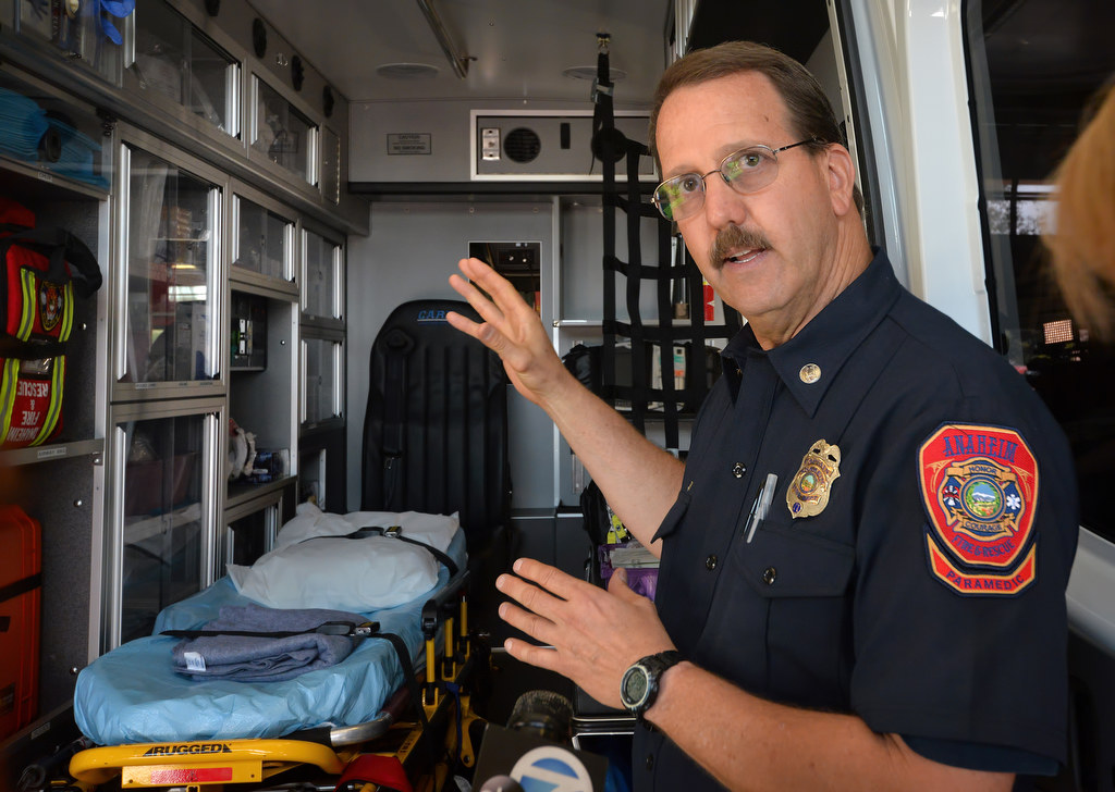 Captain Scott Fox of Anaheim Fire & Rescue shows off Anaheim’s new CCRU-1 (Community Care Response Unit) from Anaheim Fire & Rescue and CARE Ambulance during a press announcement at Anaheim Fire Station 11. Photo by Steven Georges/Behind the Badge OC