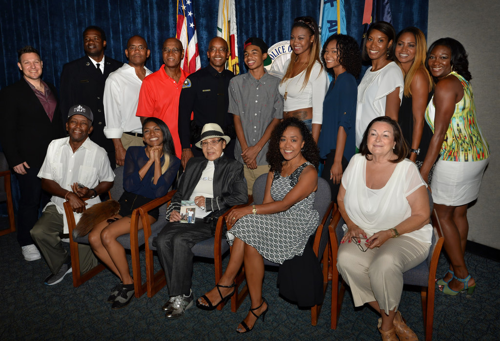 Anaheim PD Lt. Lorenzo Glenn, Anaheim PD’s first African American lieutenant, back row fifth from left, stands with his family who came to watch him receive his new lieutenant badge during a promotional ceremony. Photo by Steven Georges/Behind the Badge OC