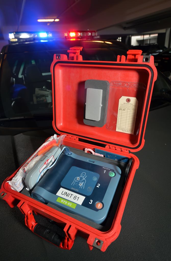 An AED (Automated External Defibrillator) that is now in every Westminster PD patrol car on the streets with every patrol officer now trained on how and when to use the life saving device. Photo by Steven Georges/Behind the Badge OC