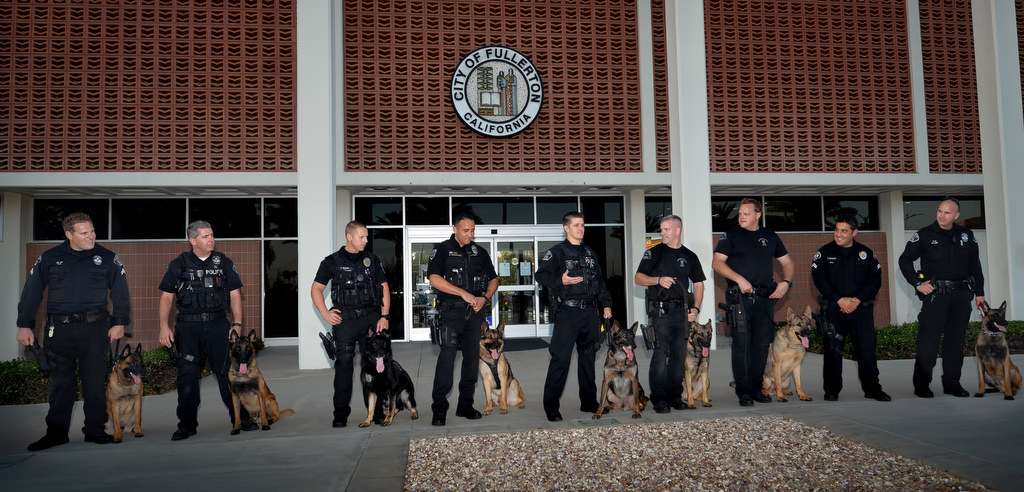 K-9 Officer James Boline of Fullerton PD and his partner Blitz, center, gathers with other K-9 officers and their dogs from various police departments in front of Fullerton City Hall to honor Blitz who is retiring. Photo by Steven Georges/Behind the Badge OC