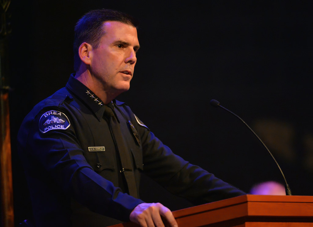 Brea Police Chief Jack Conklin address those attending the funeral service for Brea PD Officer Daniel McKinley. Photo by Steven Georges/Behind the Badge OC