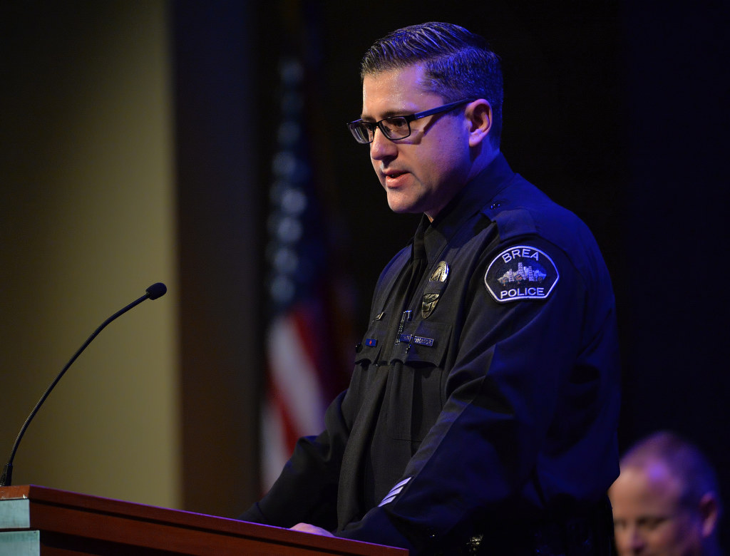 Brea Police Officer Shawn Neel talks about Brea PD Officer Daniel McKinley during funeral services for McKinley. Photo by Steven Georges/Behind the Badge OC