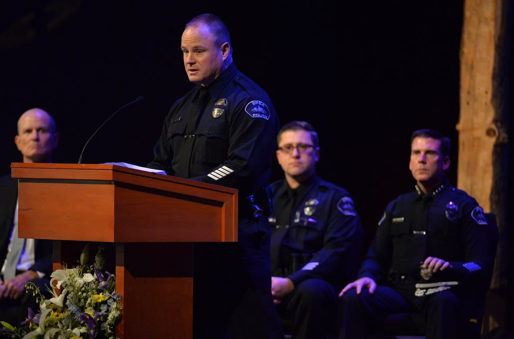 Peter McKinley talks about the life of his brother Brea PD Officer Daniel McKinley during funeral services for McKinley. Photo by Steven Georges/Behind the Badge OC