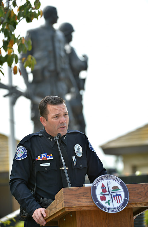 Deputy Chief Dan Schoonmaker introduces guest at the master of ceremonies for the City of Westminster 9/11 Remembrance ceremony at the Sid Goldstein Freedom Park. Photo by Steven Georges/Behind the Badge OC