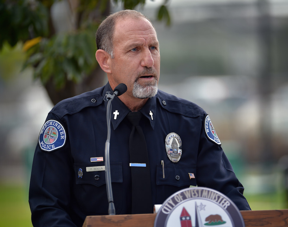 Westminster PD Chaplain Robert Benoun gives the invocation during Westminster’s 9/11 Remembrance ceremony at the Sid Goldstein Freedom Park. Photo by Steven Georges/Behind the Badge OC